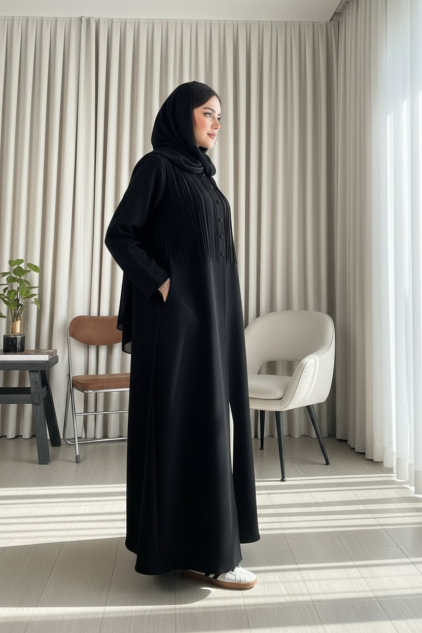 Elegant Black Pleated Bodice Abaya