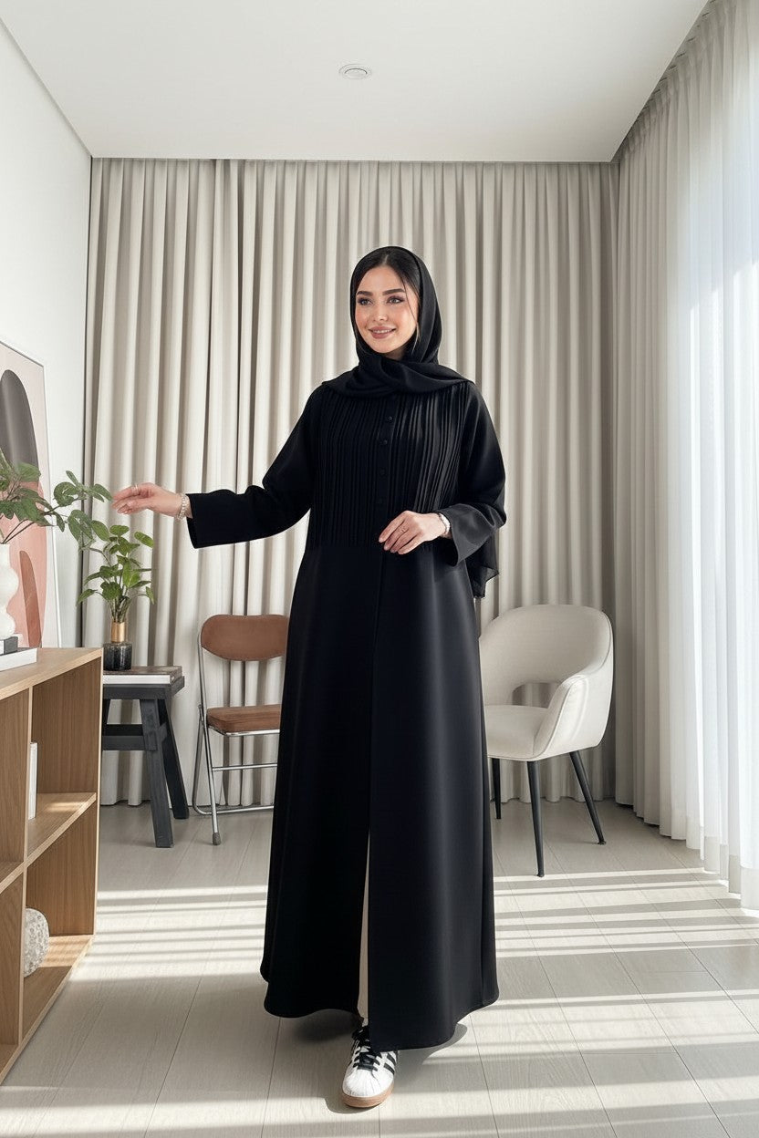 Elegant Black Pleated Bodice Abaya