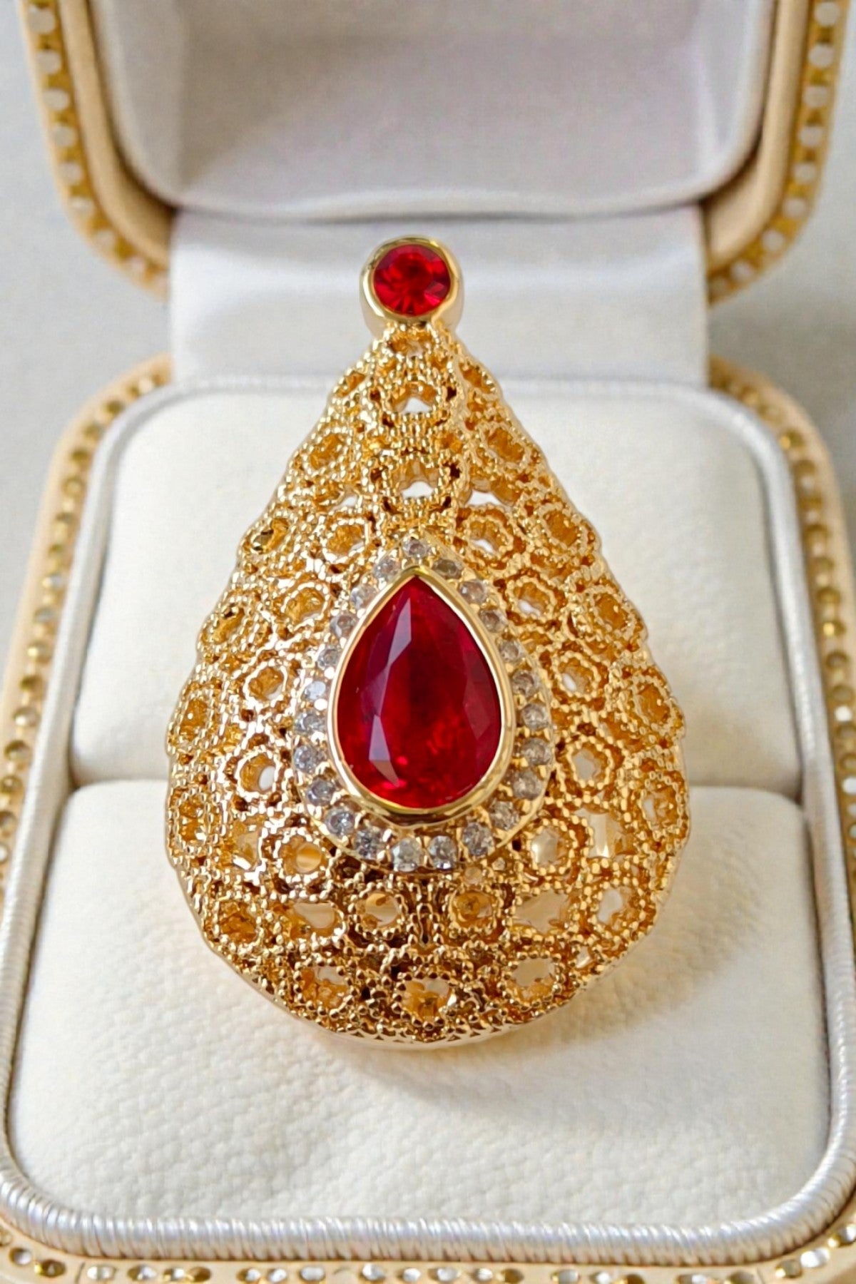 Teardrop Red Stone Filigree Statement Ring
