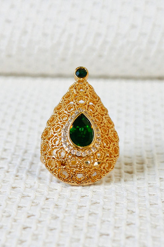 Teardrop Green Stone Filigree Statement Ring