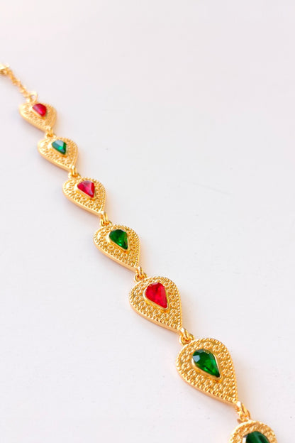 Gold Chain Bracelet with Red & Green Stone Accents