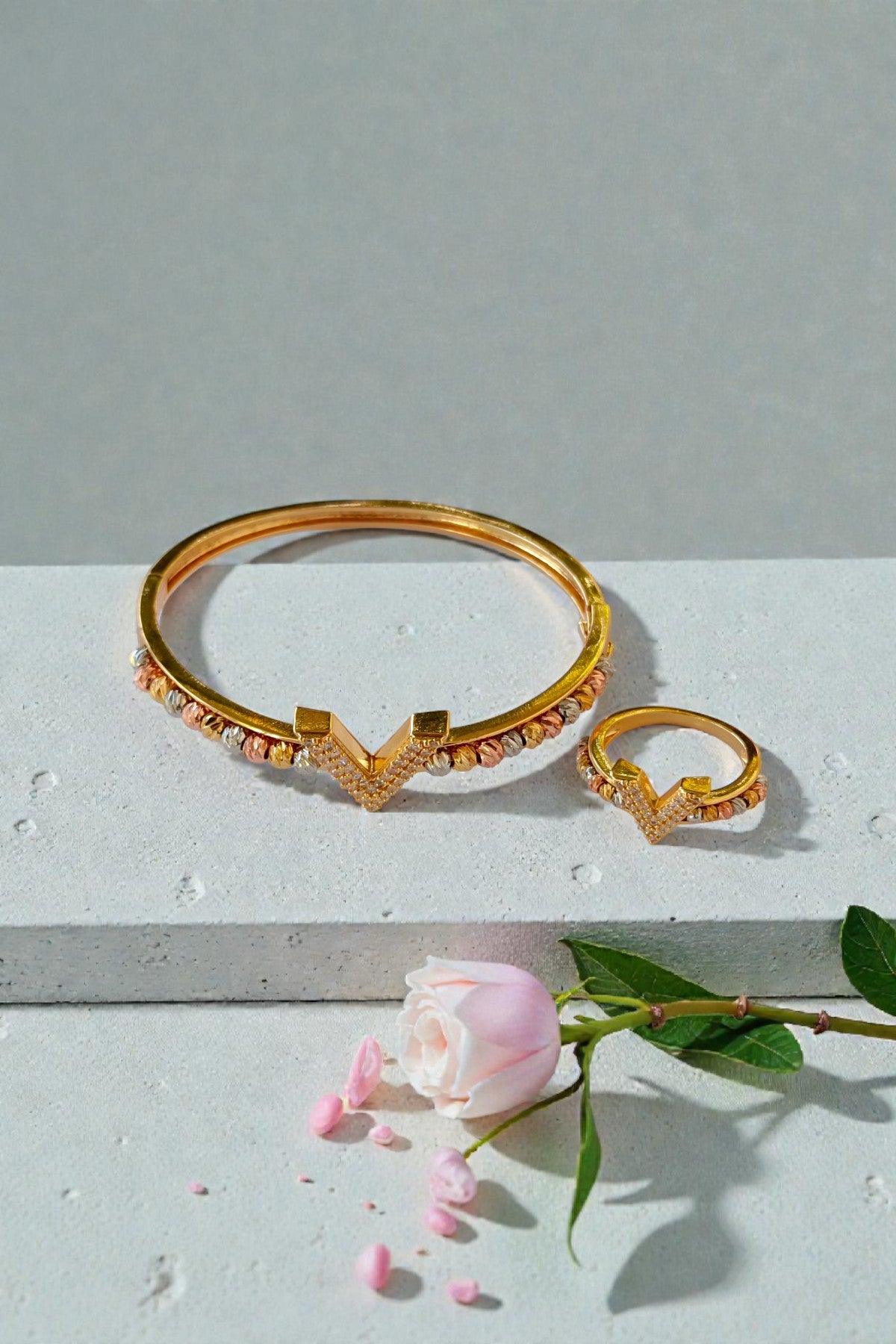 V-Design Gold Cuff & Ring Set | Elegant Artificial Jewelry