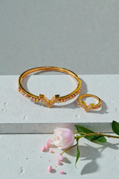 V-Design Gold Cuff & Ring Set | Elegant Artificial Jewelry
