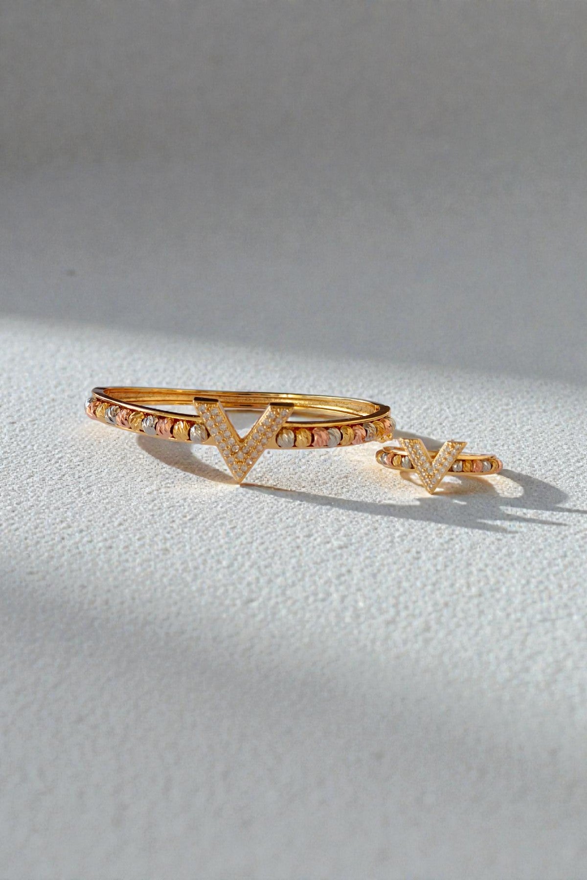 V-Design Gold Cuff & Ring Set | Elegant Artificial Jewelry