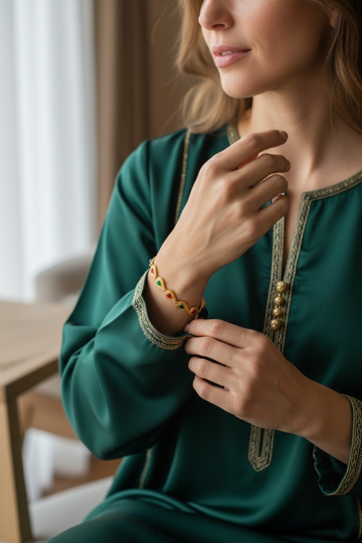 Gold Chain Bracelet with Red & Green Stone Accents