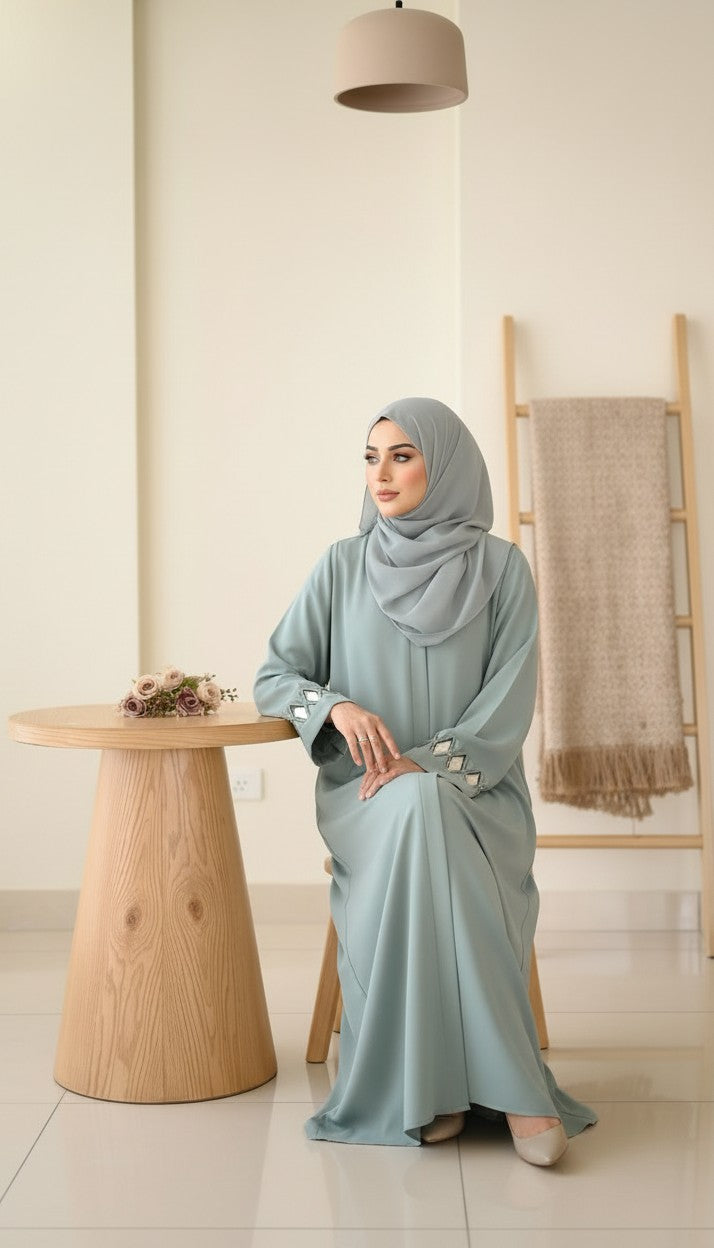 Contemporary Sage Green Lattice-Sleeve Abaya