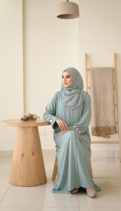 Contemporary Sage Green Lattice-Sleeve Abaya