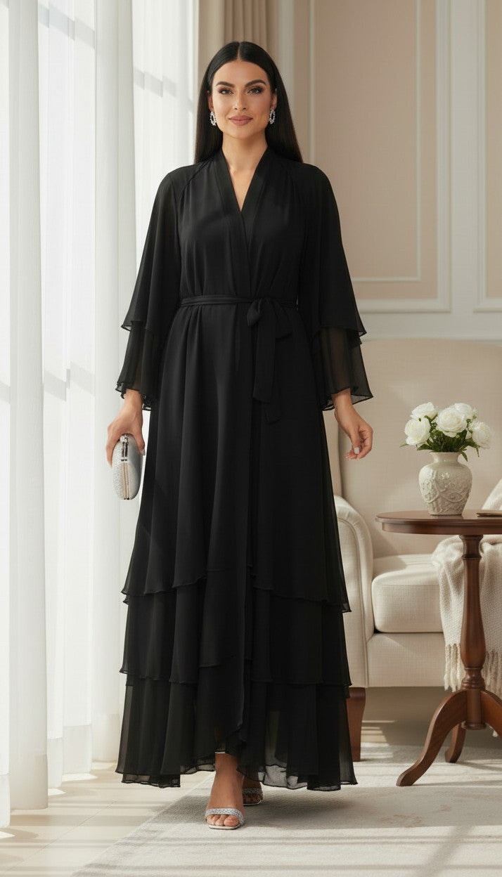 Exquisite Black Tiered Chiffon Wrap Abaya