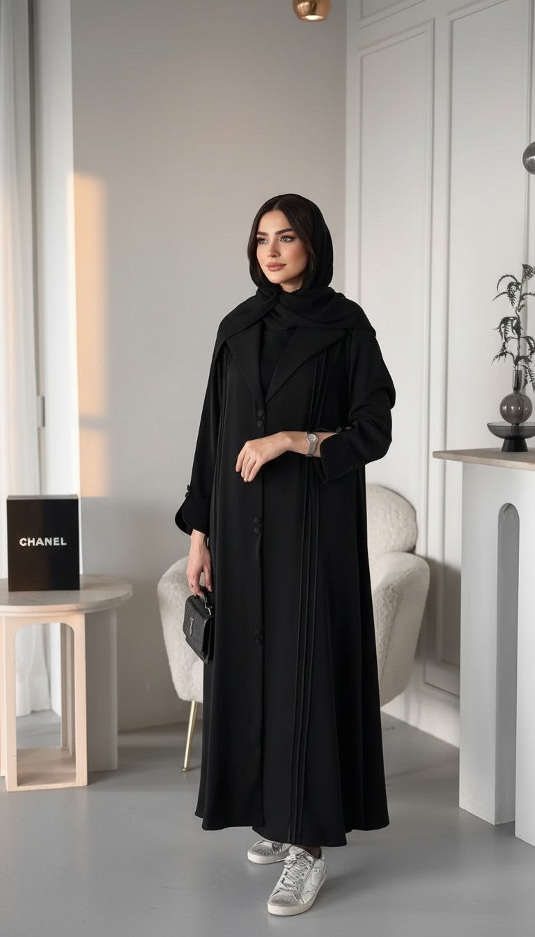 Black Pleated-Detail Blazer Abaya