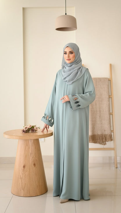 Contemporary Sage Green Lattice-Sleeve Abaya