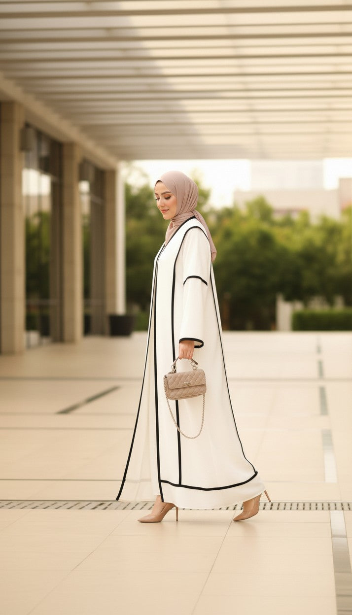 Minimalist White Abaya with Bold Geometric Piping
