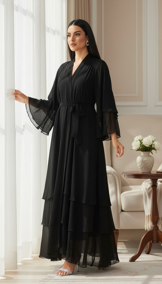 Exquisite Black Tiered Chiffon Wrap Abaya