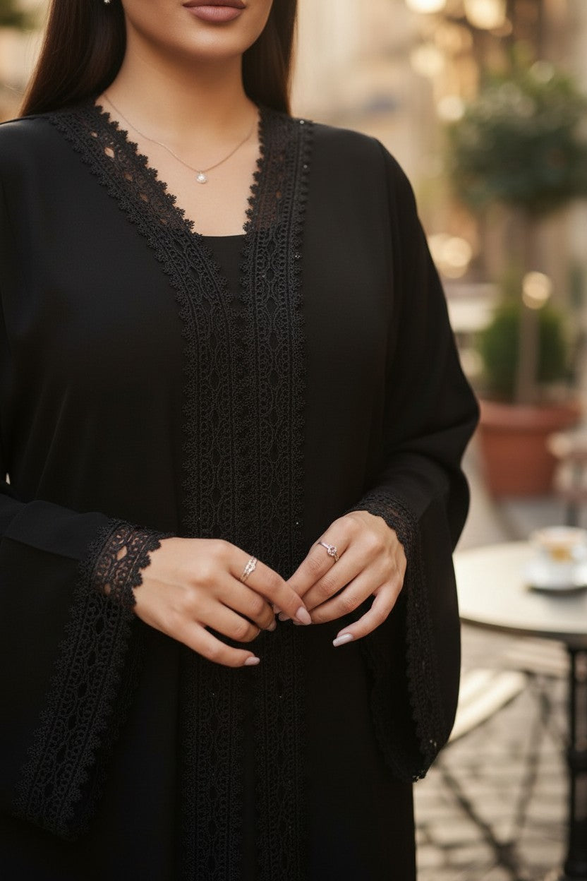 Classic Black Lace Open Abaya