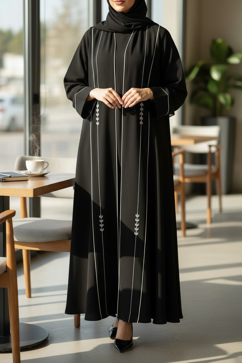 Black Embroidered Piping Abaya