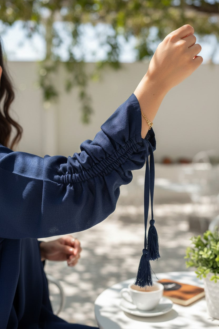 Contemporary Navy Blue Ruched-Sleeve Abaya