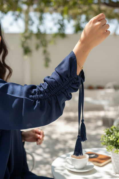 Contemporary Navy Blue Ruched-Sleeve Abaya