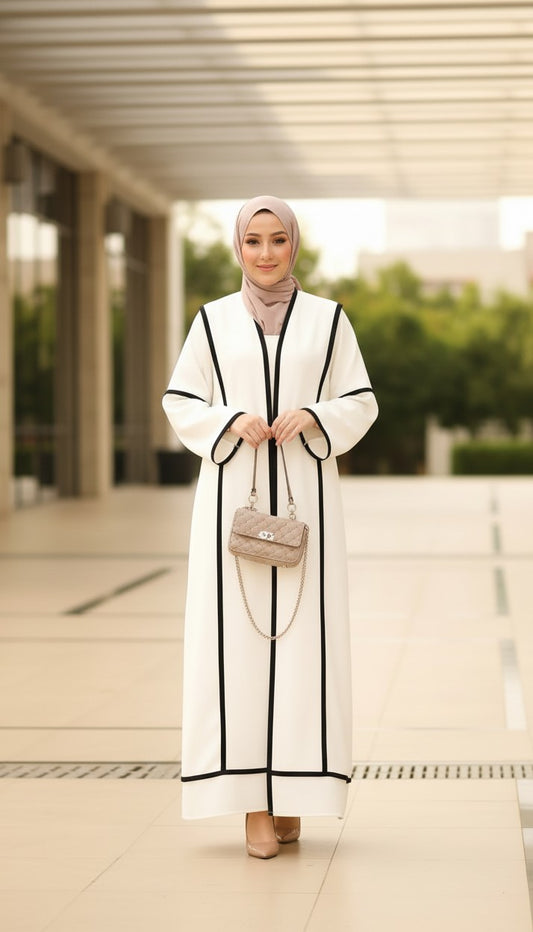 Minimalist White Abaya with Bold Geometric Piping