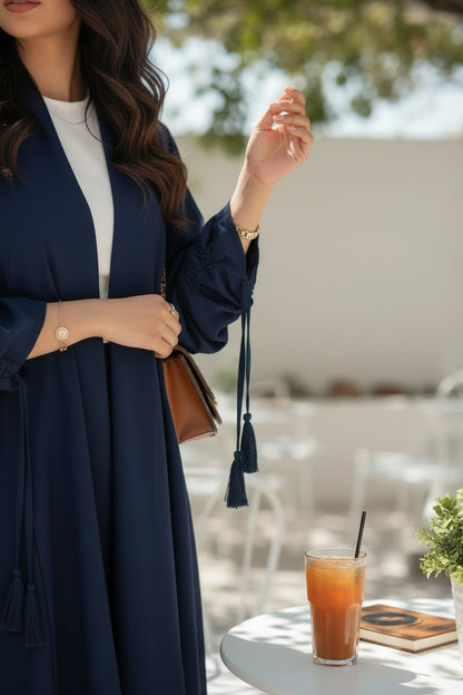 Contemporary Navy Blue Ruched-Sleeve Abaya