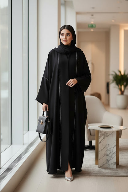 Modern Black Bead-Line Open Abaya