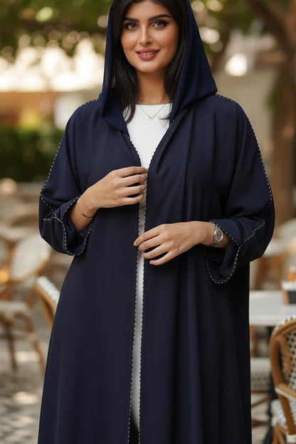 Graceful Navy Blue Bead-Trimmed Open Abaya