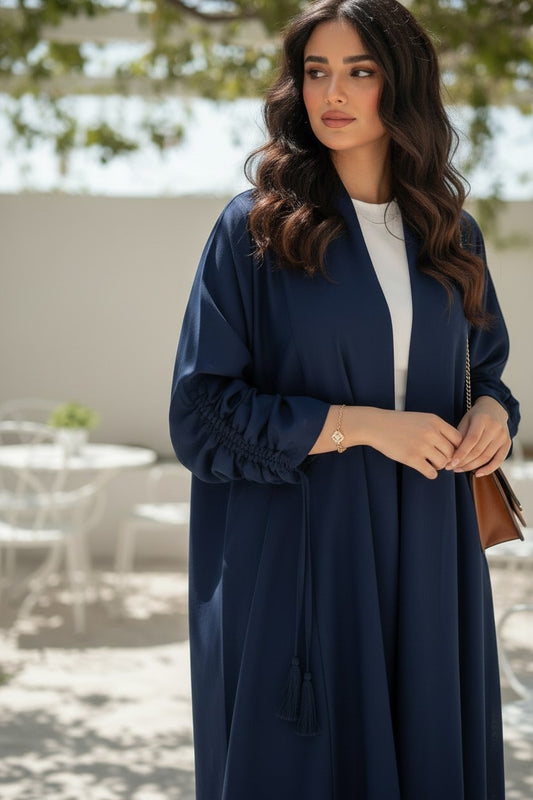 Contemporary Navy Blue Ruched-Sleeve Abaya