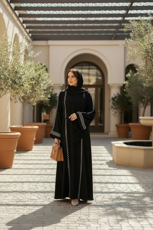 Modern Black Embroidered Chevron Abaya