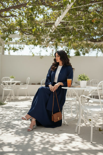 Contemporary Navy Blue Ruched-Sleeve Abaya
