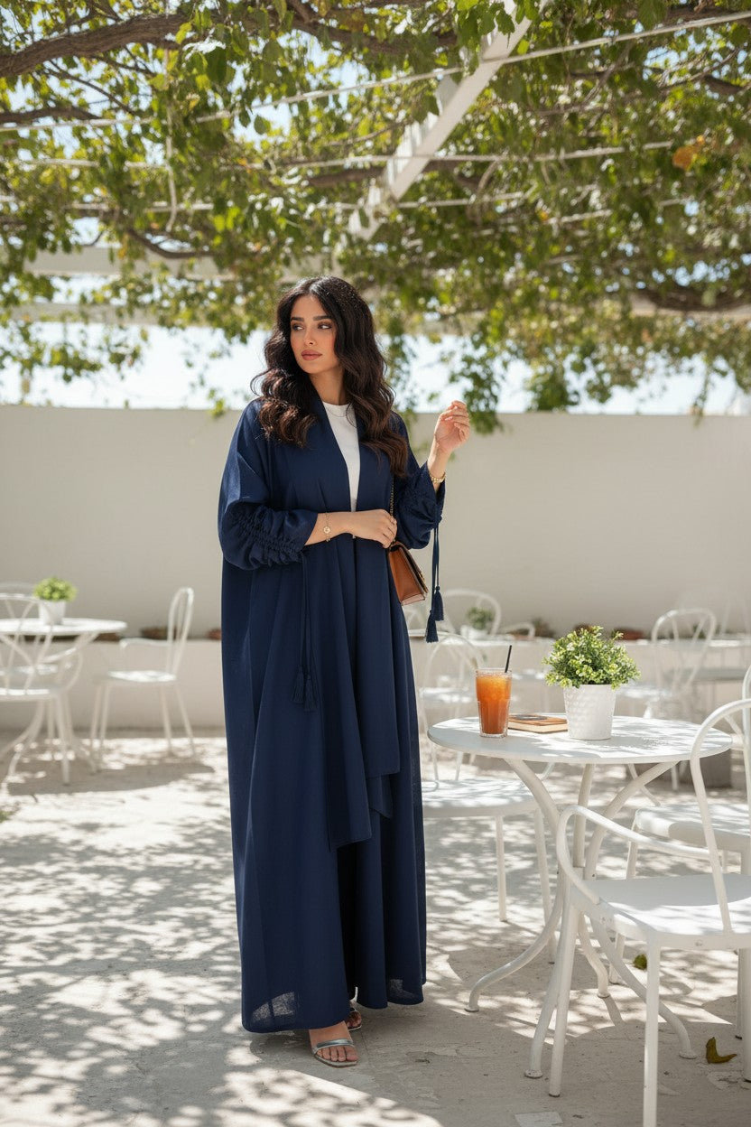Contemporary Navy Blue Ruched-Sleeve Abaya