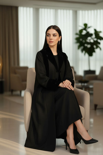 Modern Black Velvet-Trimmed Blazer Abaya