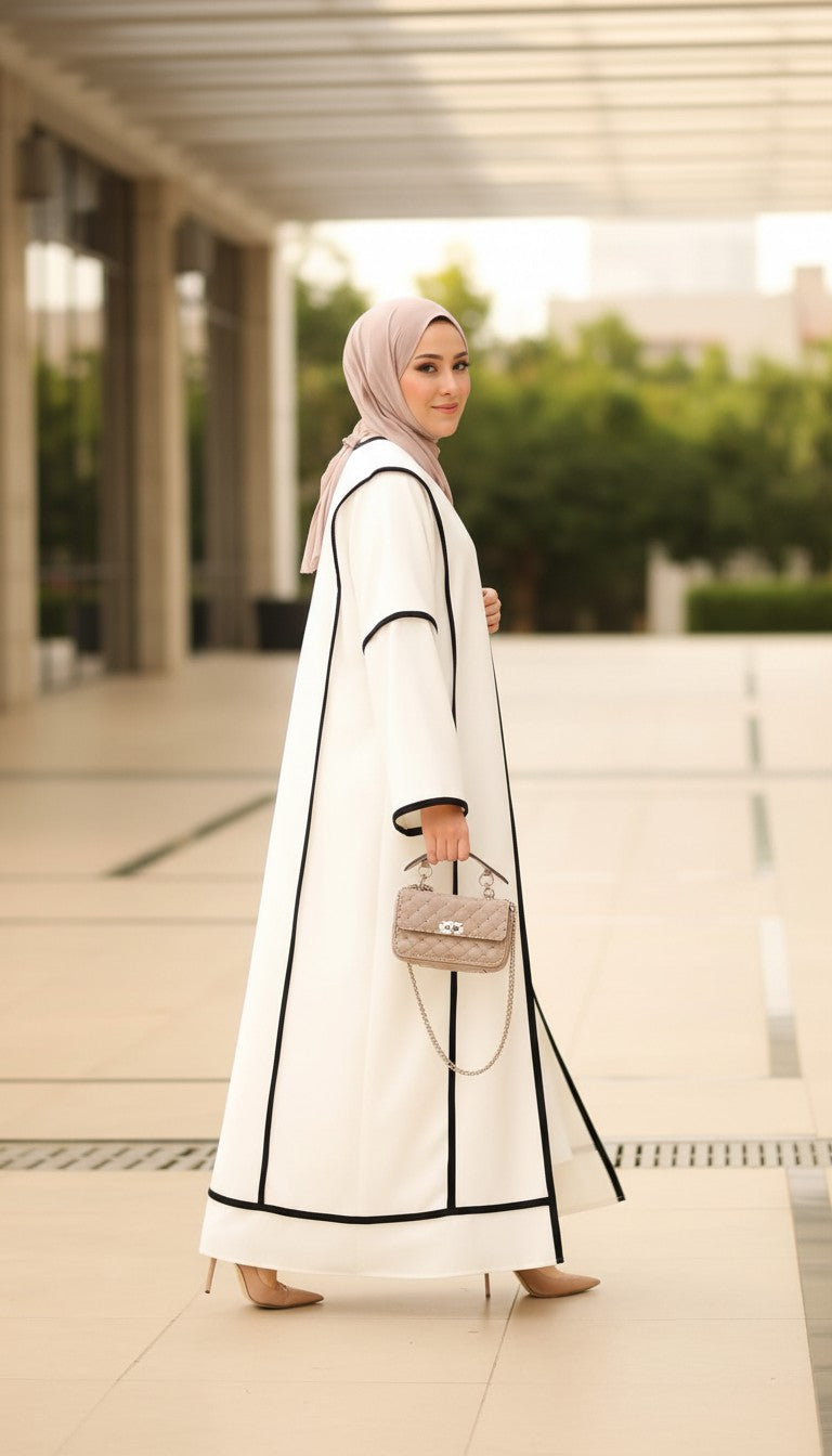 Minimalist White Abaya with Bold Geometric Piping