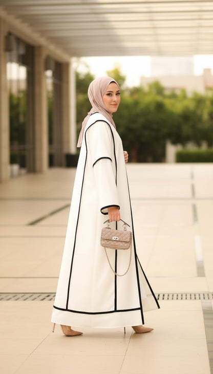 Minimalist White Abaya with Bold Geometric Piping