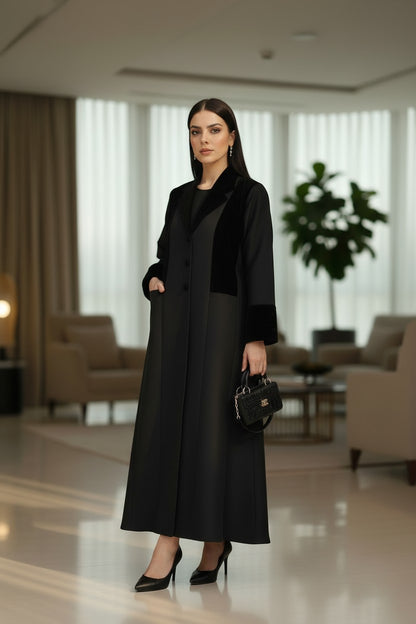 Modern Black Velvet-Trimmed Blazer Abaya