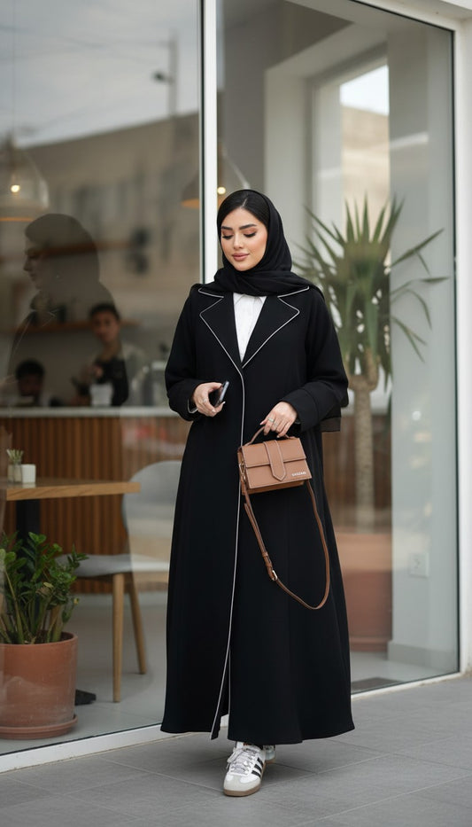 Black Blazer Abaya with White Piping