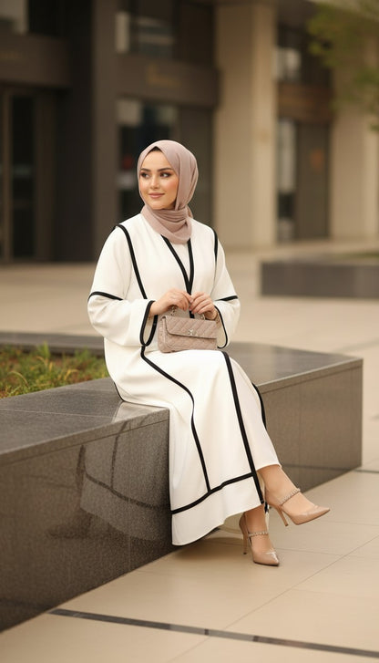 Minimalist White Abaya with Bold Geometric Piping