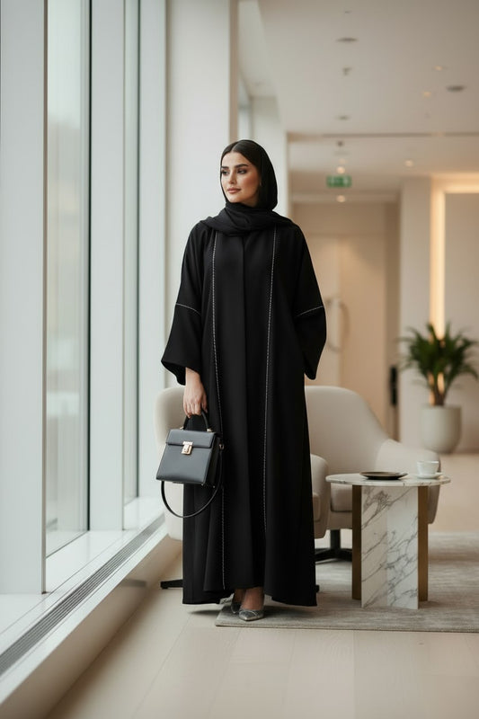 Modern Black Bead-Line Open Abaya