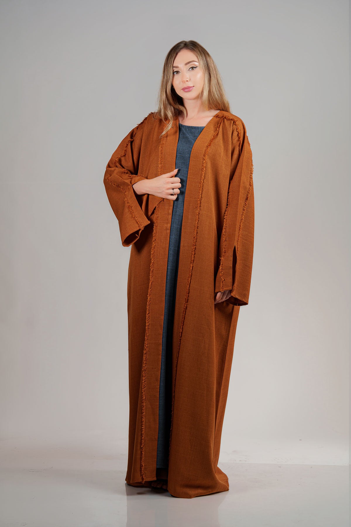 Rust Brown Open Bisht Abaya with Frayed Edge Detailing