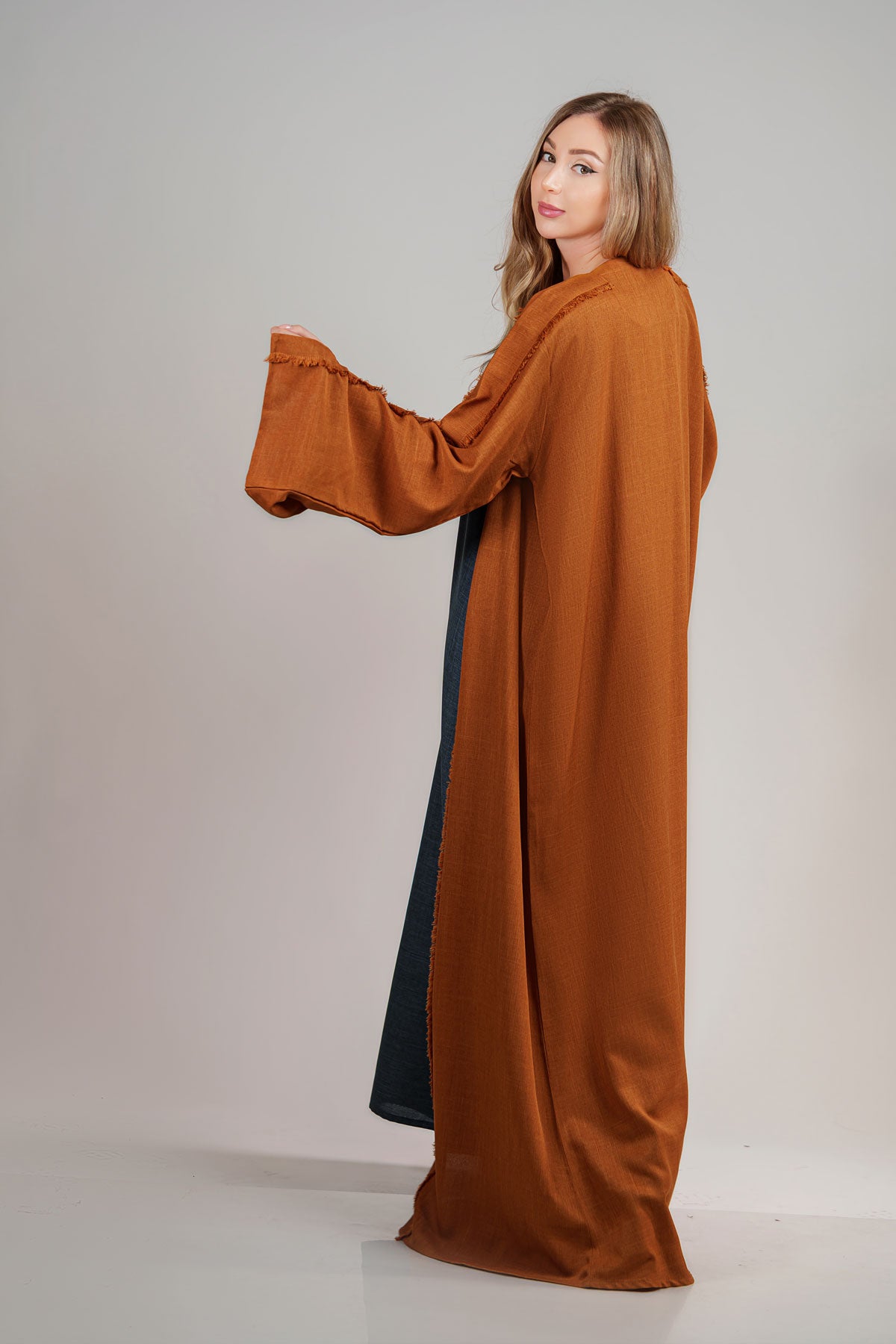 Rust Brown Open Bisht Abaya with Frayed Edge Detailing