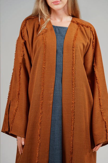 Rust Brown Open Bisht Abaya with Frayed Edge Detailing