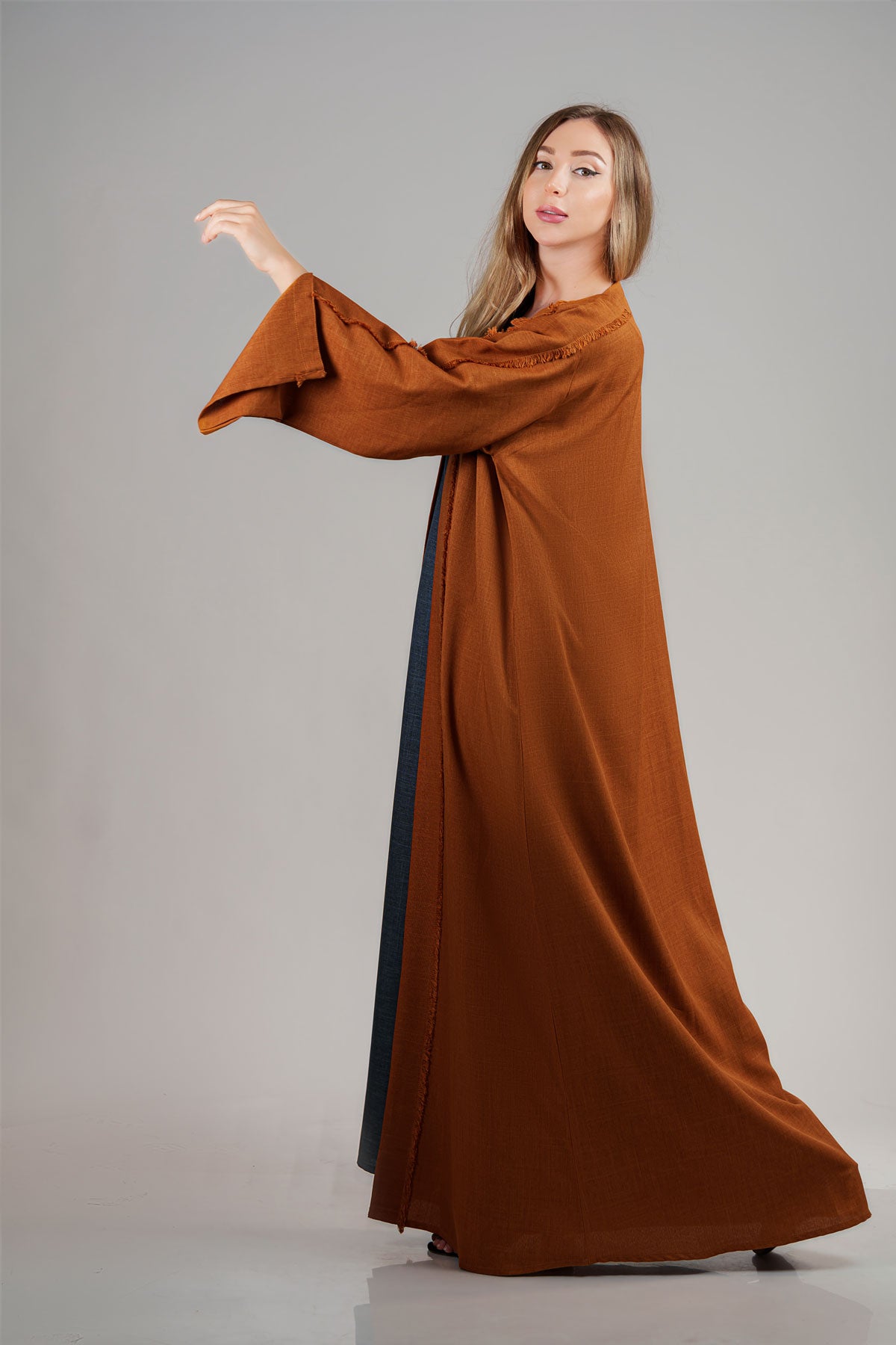 Rust Brown Open Bisht Abaya with Frayed Edge Detailing