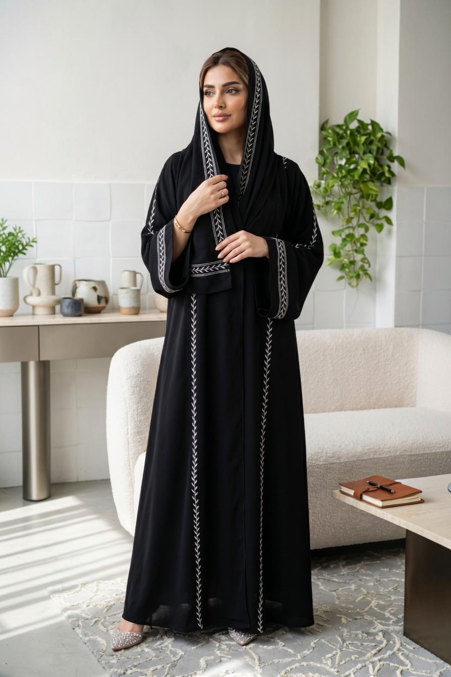 Modern Black Embroidered Chevron Abaya
