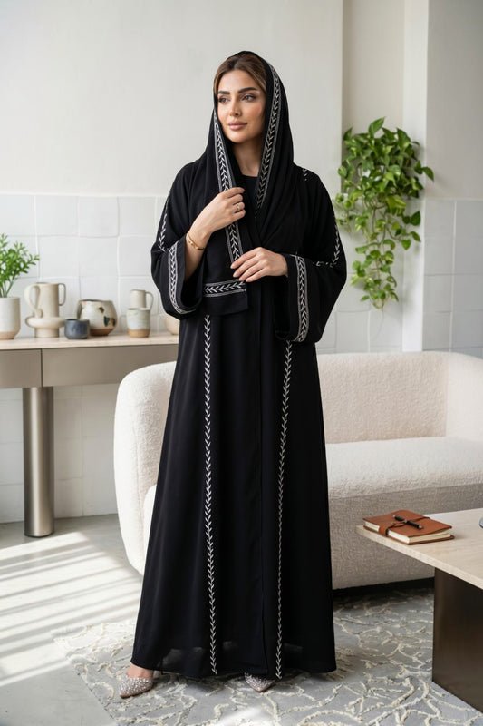 Modern Black Embroidered Chevron Abaya