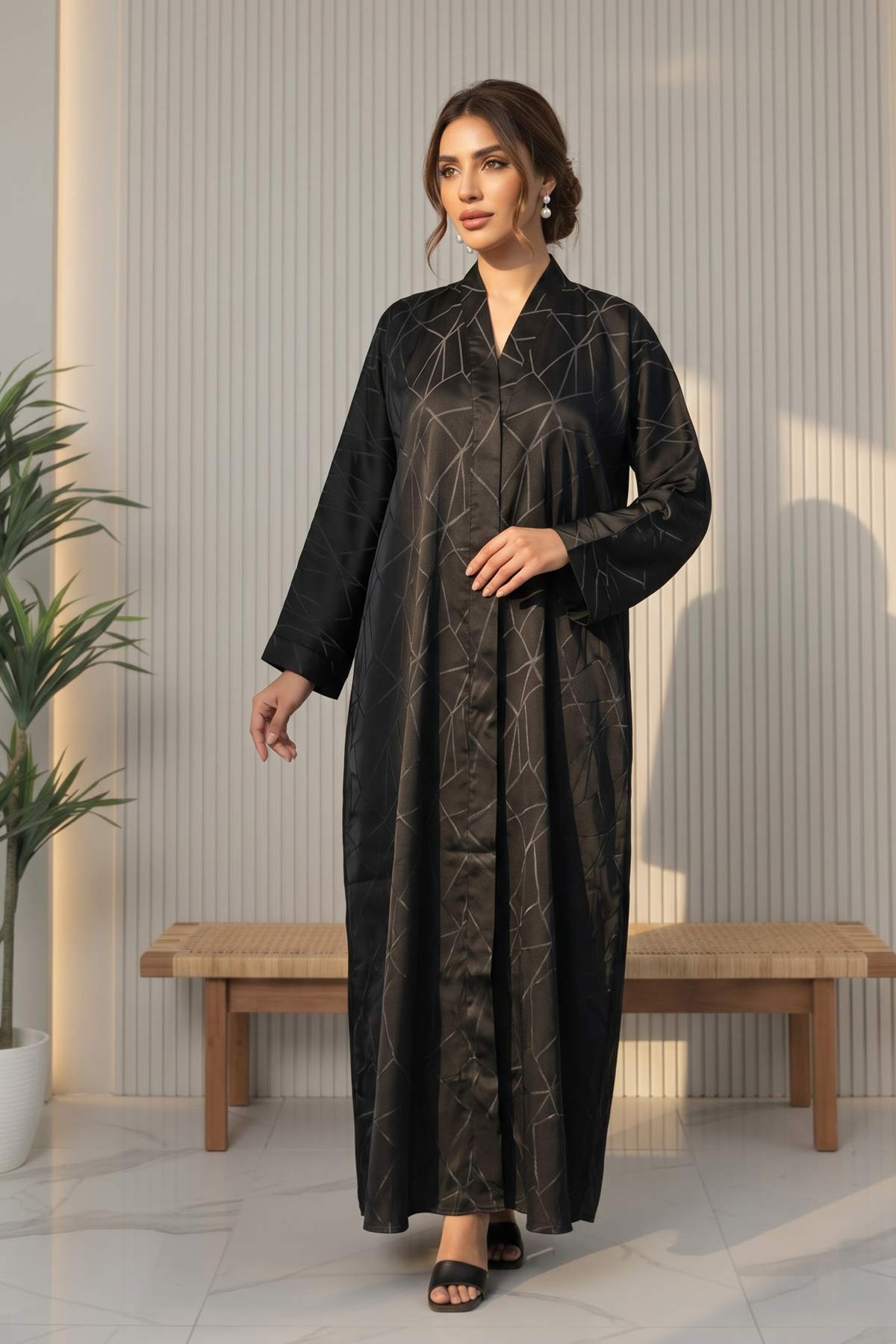 Geometric Elegance Front Open Black Abaya