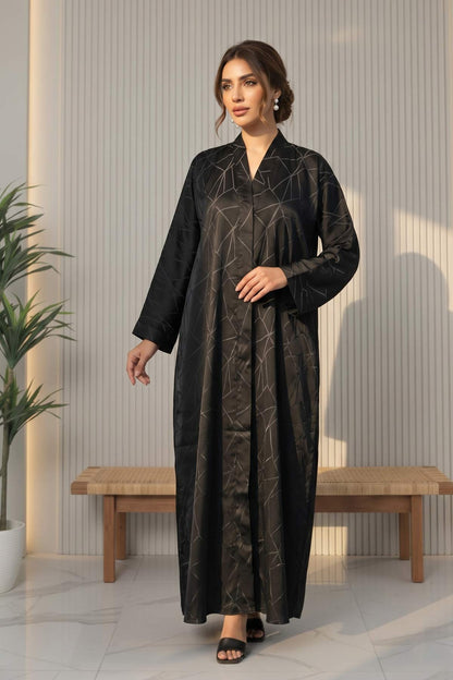 Geometric Elegance Front Open Black Abaya