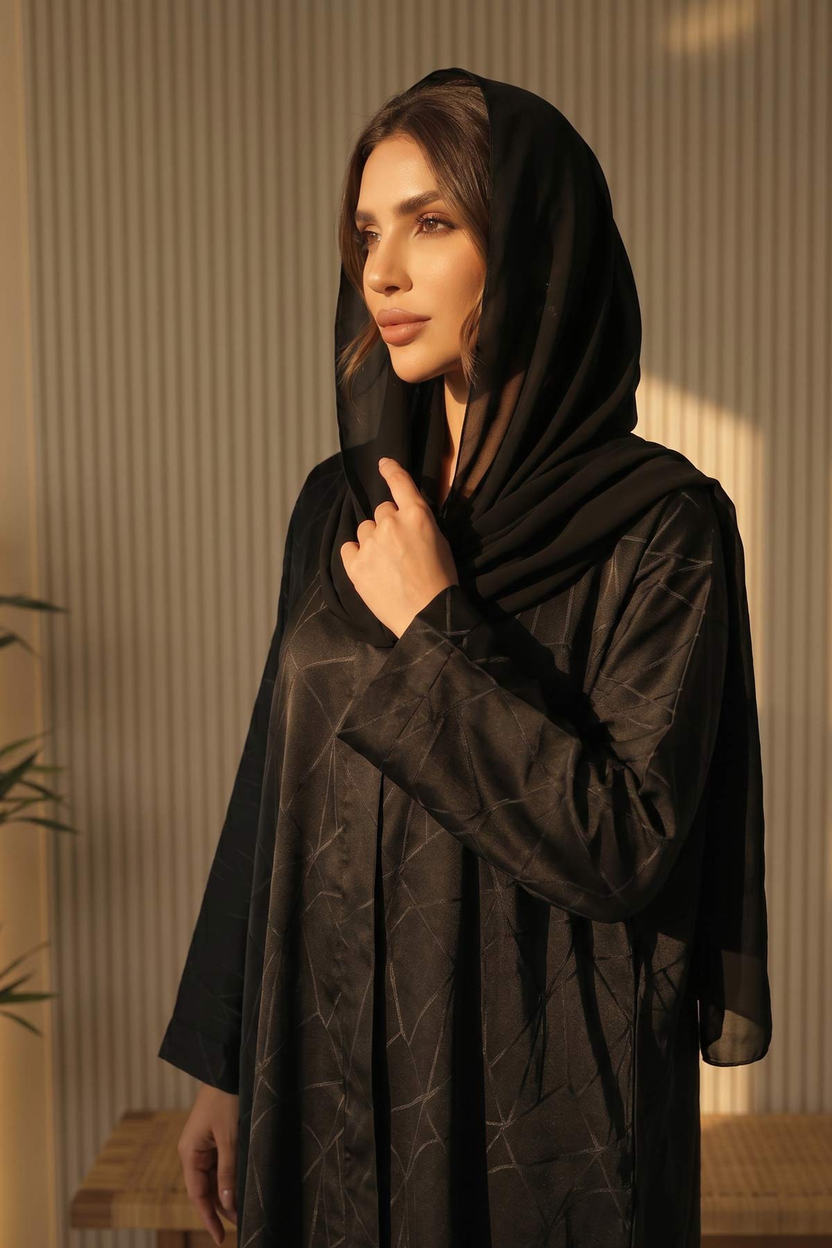 Geometric Elegance Front Open Black Abaya