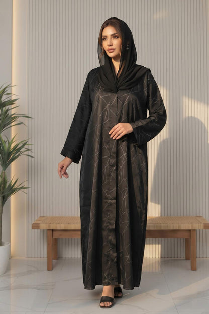 Geometric Elegance Front Open Black Abaya
