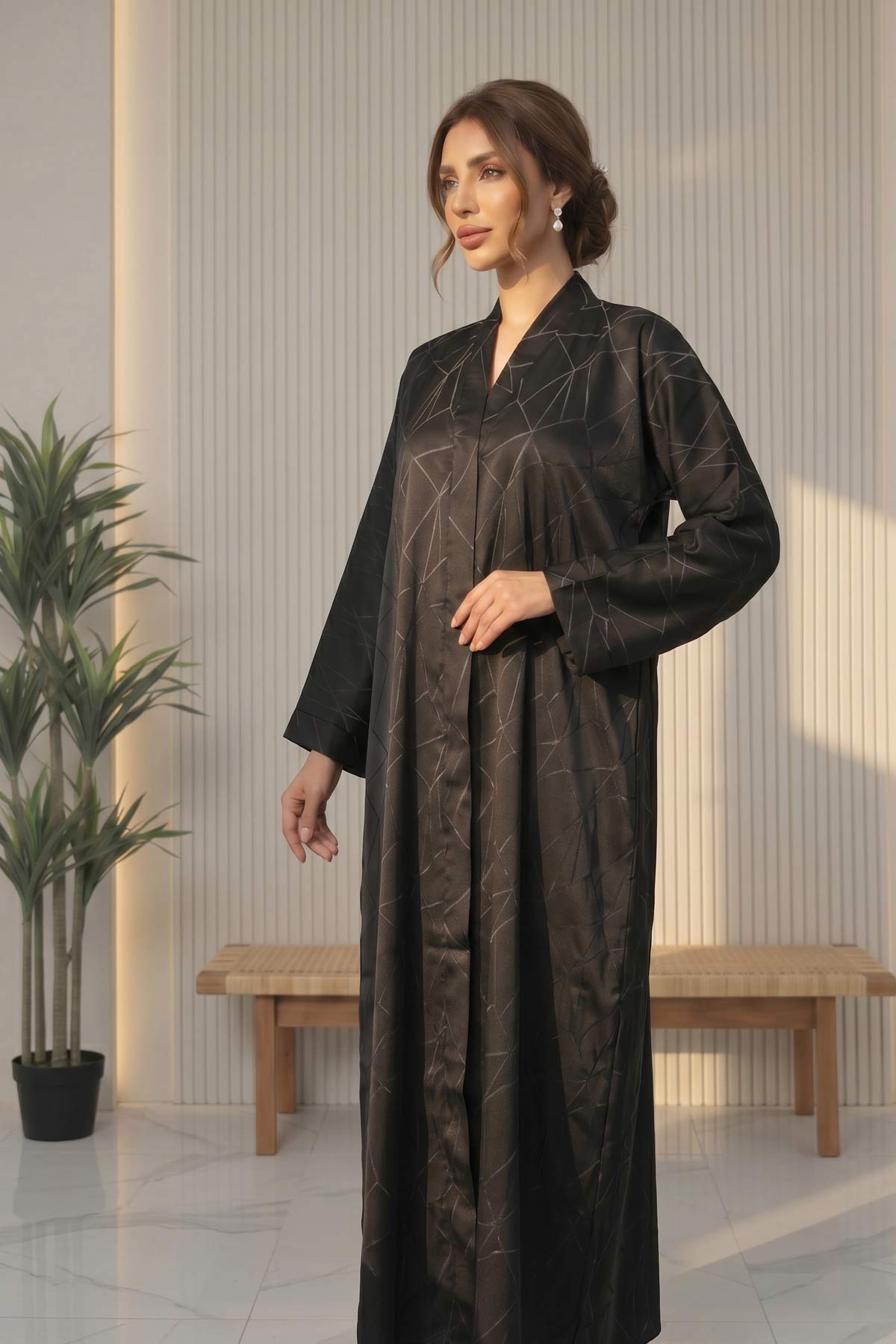 Geometric Elegance Front Open Black Abaya