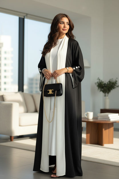 Chic Two-Tone Black and White Open Abaya