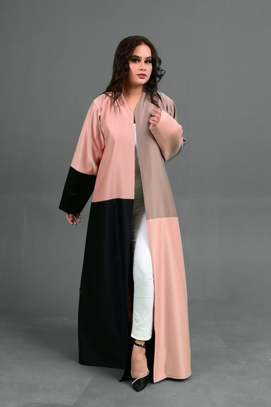 Multi-Tone Open Abaya - Trendy Color Block Design in Blush, Taupe & Black