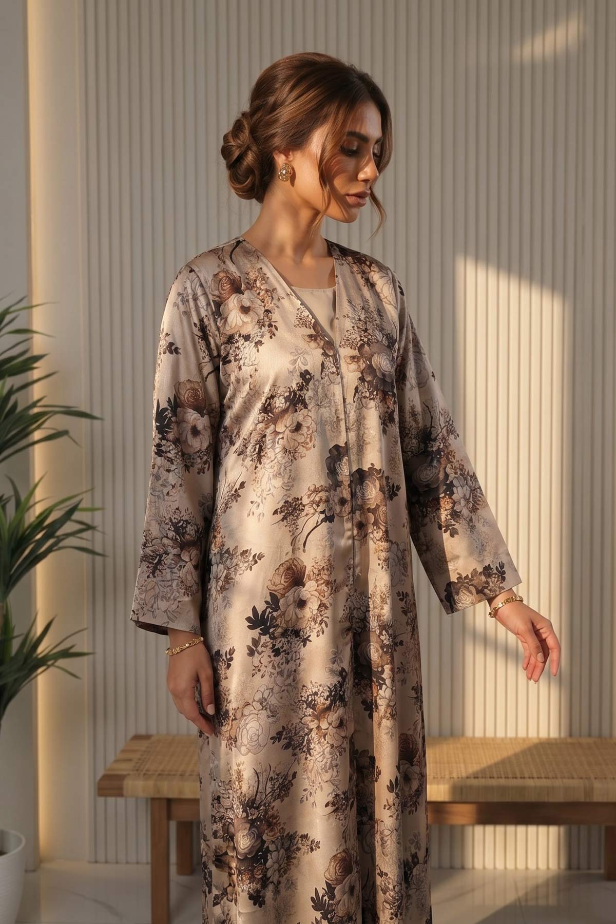 Vintage Blossom Printed Silk Abaya