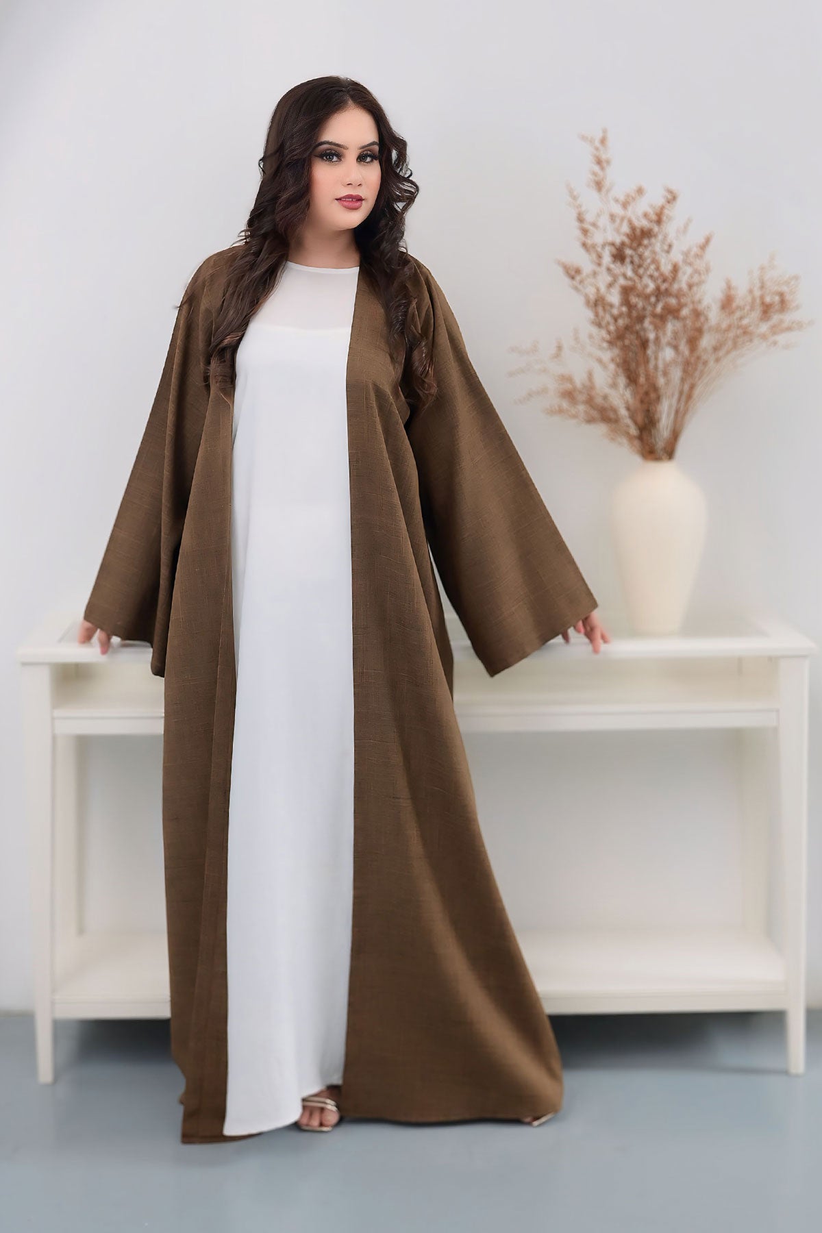 Brown Bisht Abaya with Matching Inner Dress front side